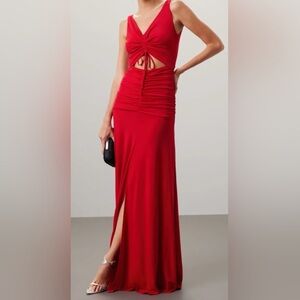 Zac Posen Jersey Cut Out Ruched Gown Maxi Dress Lipstick Red Tie Front - Size 6